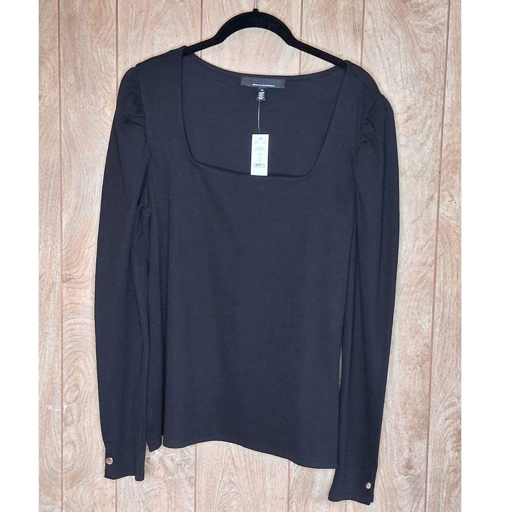 NWT WHBM Forme Ribbed Square Neckline Black Puffy Sleeves Size XL